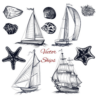 手绘帆船和海洋生物